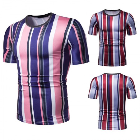 New Summer Men's Short-Sleeved T-Shirt Contrast Striped Slim Casual T-Shirt